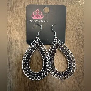 Paparazzi Silver-Tone Chain Link Teardrop Earrings with Black Beads Accent NWT